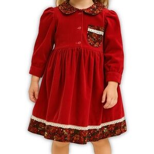 Girls 70s Corduroy Dress Red Floral Trim Long Sleeve Vintage Holiday 4T